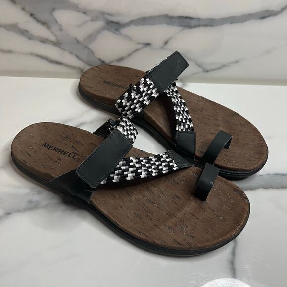 Merrell Women's Black White Woven Casual Hiking Around Town Sunvue Sandals Sz 8 - Picture 1 of 7